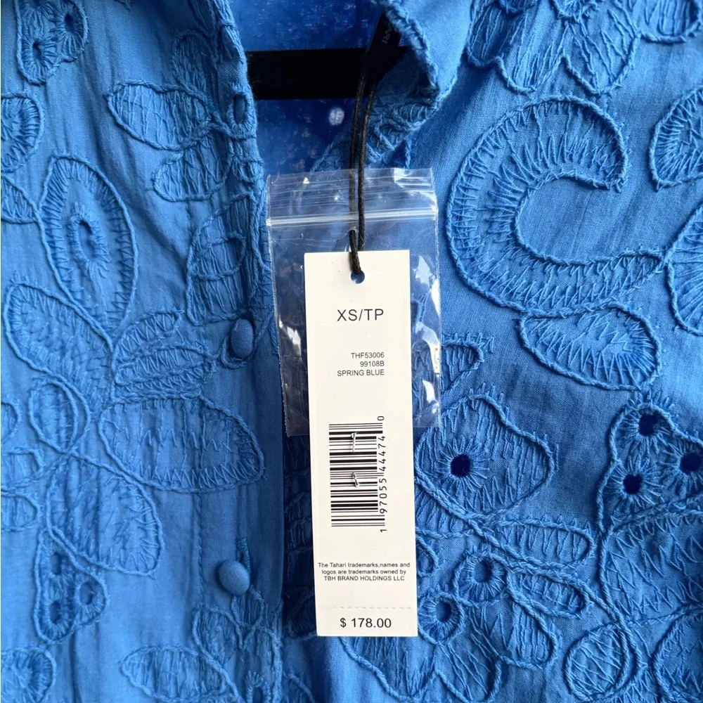 🆕 Tahari Spring Blue Embroidered Shirt Dress XS Belted Button Front Midi Cotton - Picture 14 of 17